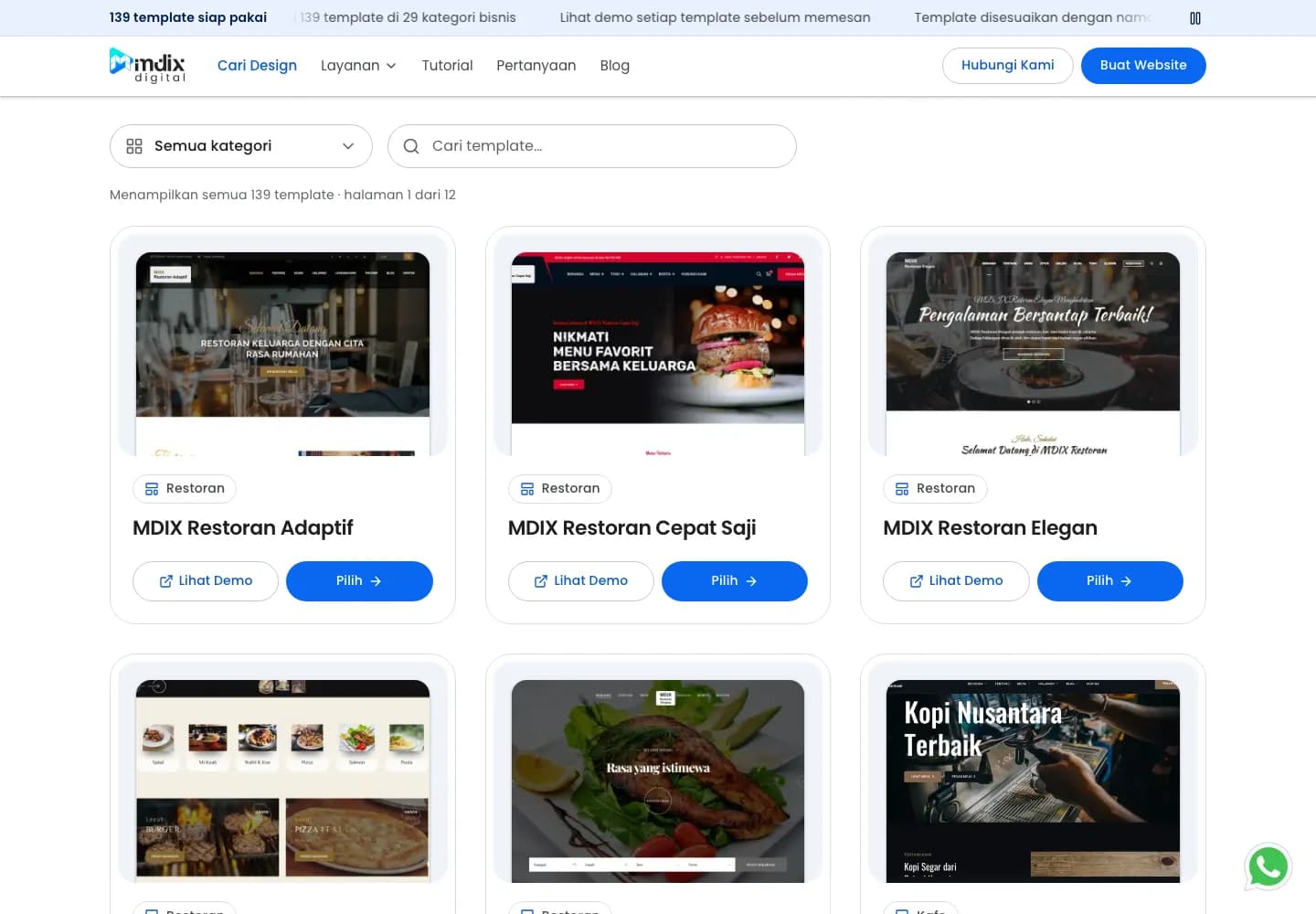 Katalog template MDIX Digital dengan filter kategori dan pencarian