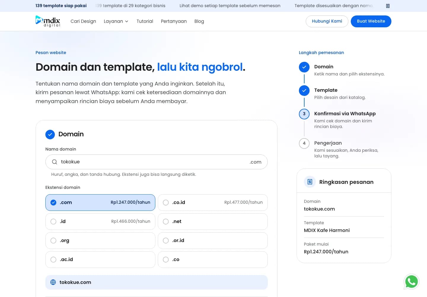 Halaman pesan website MDIX Digital: kolom nama domain dan pilihan ekstensi